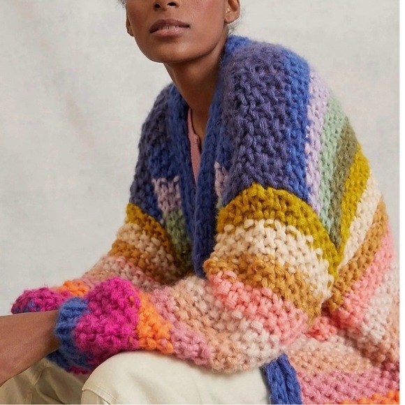 Saachi Mayflower stripe crocheted cardigan Multicolor Chunky Knit Sweater - Picture 3 of 12